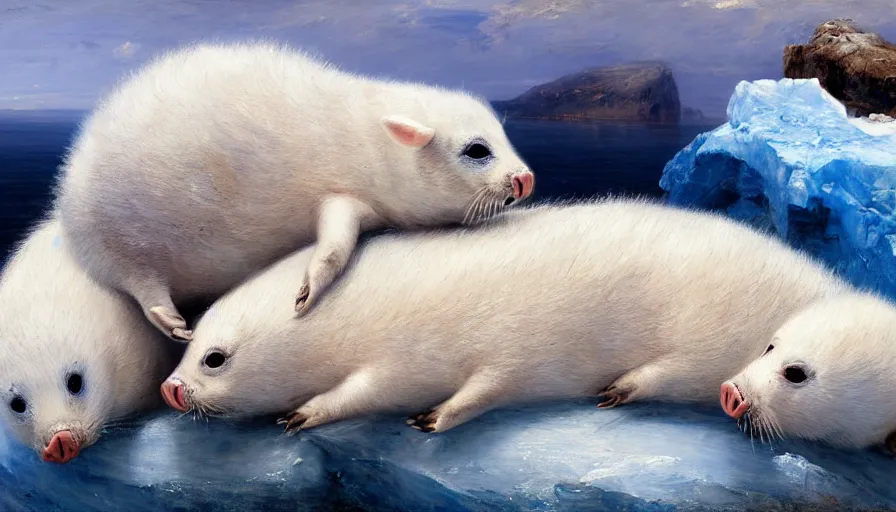 Image similar to highly detailed painting of cute furry white baby seal piglets cuddling into each other on a blue and white iceberg by william turner, by greg rutkowski, by william constable, thick brush strokes and visible paint layers, 4 k resolution