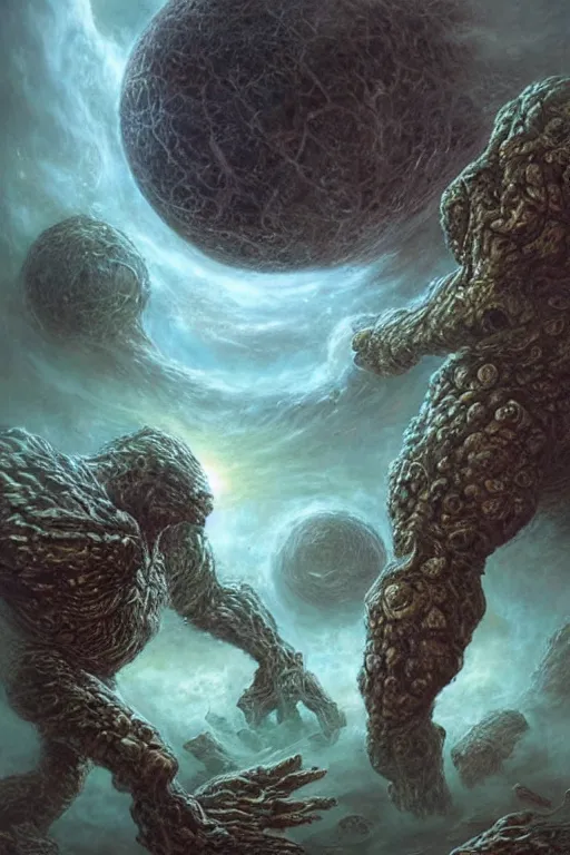 Prompt: giant space monsters fighting in a giant space monster war. each monster is a giant uncanny version of animals on earth. art by tomasz alen kopera