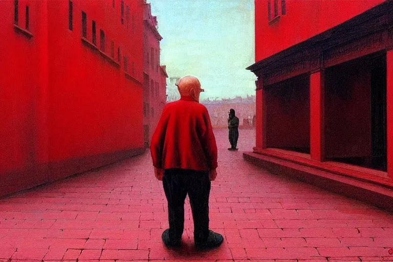 Image similar to only with red, a red old man try to sell a portrait, cheering crowd, in a old city square, in the style of beksinski, parts by edward hopper, parts by rodcenko, parts by yue minjun, intricate and epic composition, red by caravaggio, insanely quality, highly detailed, masterpiece, red light, artstation, 4 k