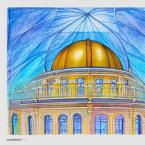 Image similar to Accurate and realistic representation of a city trapped inside a crystal clear dome. Harmonic colored disposition, expertly blended and shaded. HD. 8k. 4.k HQ. UHD . Colored pencils and color inks on two joined sheets of paper