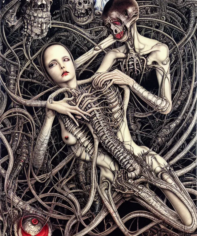 Image similar to realistic detailed photo of the miracle of life by H.R.Giger, Vania Zouravliov, by Ayami Kojima, Amano, Takato Yamamoto