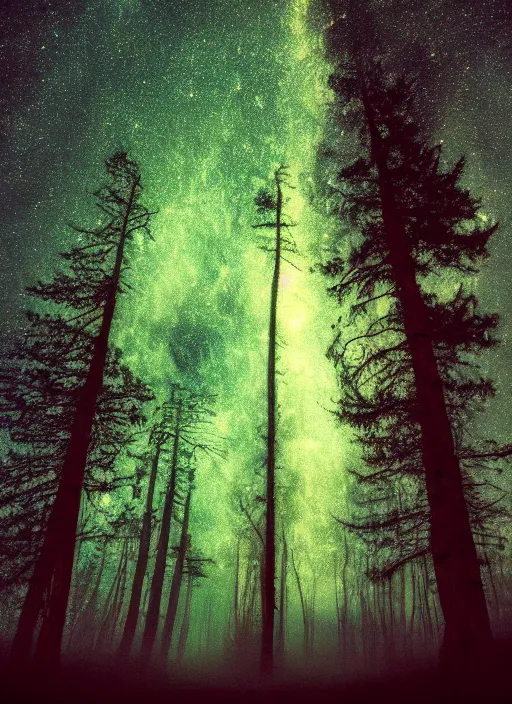 Prompt: A haunted forest that comes alive under the milkyway at night, beautiful, enchanted, spooky, film grain, large format photograph, forest, tree's, plants, nature, space, milkyway, galaxy, vibrant colors, by Stephen King, misty, haunted, moody, sinister, evil, cinematic lighting, cinematic color grading, 8k render, hyperrealistic, ultra HD, Unreal Engine 5 render