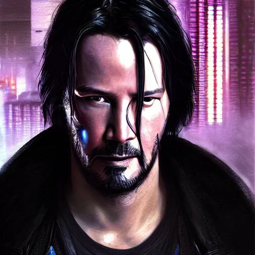 Image similar to cyberpunk, closeup portrait of a keanu reeves, dramatic light, city background, sunset, dystopian setting, high contrast, sharp, neuromancer, henry dorsett case, painted by stanley lau, painted by greg rutkowski, painted by stanley artgerm, digital art, trending on artstation