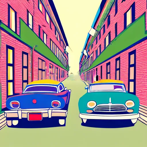 Prompt: book illustration of an old street with old cars, happy people, book illustration, colorful, white background, colorful image