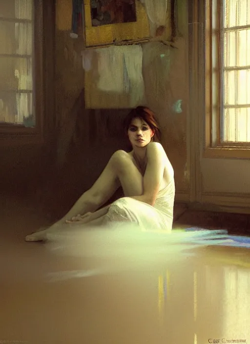 Image similar to a portrait of beautiful woman sitting on the floor, inside an old apartment, detailed oil painting, misty, ethereal, soft lighting, by craig mullins and alphonse mucha and jeremy mann