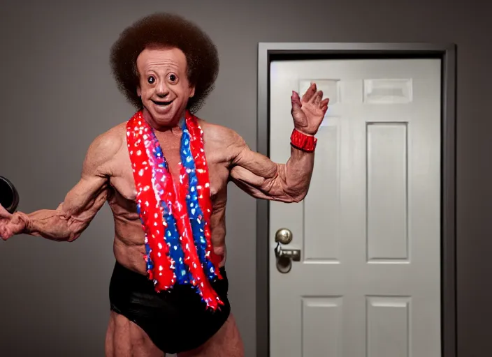 Prompt: a scene from a 2 0 2 2 s black phone, richard simmons is in spandex ringing a doorbell, grindhouse, folk horror, hauntology, 8 k, 8 5 mm f 1. 8, studio lighting, rim light, right side key light