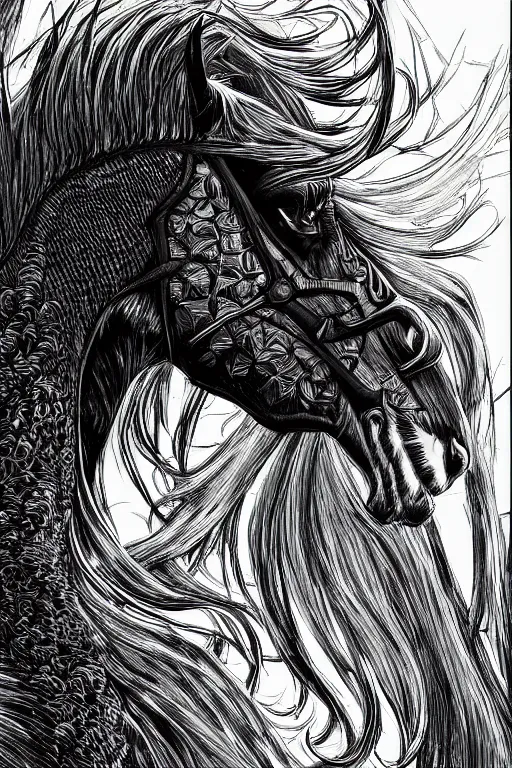 Image similar to evil horse, symmetrical, highly detailed, digital art, sharp focus, trending on art station, kentaro miura manga art style