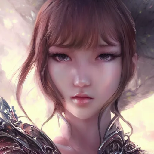 Image similar to realistic beautiful gorgeous natural cute fantasy warrior girl art drawn full HD 4K highest quality in artstyle by professional artists WLOP, Taejune Kim, yan gisuka, JeonSeok Lee, artgerm, Ross draws, Zeronis, Chengwei Pan on Artstation