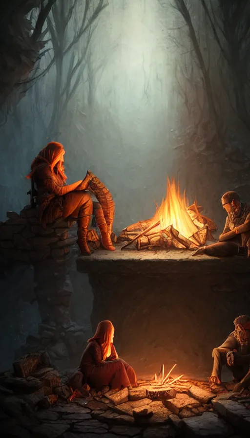 Image similar to two people : the stalker and the wither are sitting by the fire, highly detailed, d & d, fantasy, highly detailed, digital painting, trending on artstation, concept art, sharp focus, illustration, global illumination, ray tracing, realistic shaded, art by artgerm and greg rutkowski and fuji choko and viktoria gavrilenko and hoang lap