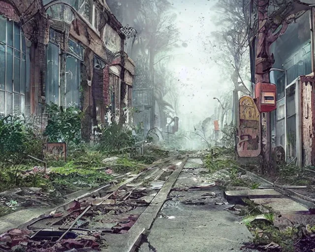 Prompt: the abandoned streets of the overgrown city in the style of decopunk/crystalpunk