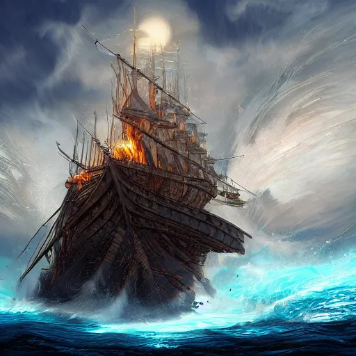 Image similar to fantasy fireship crossing an ocean, high detail, fantasy art, concept art, 4 k, ultra detail, computer art