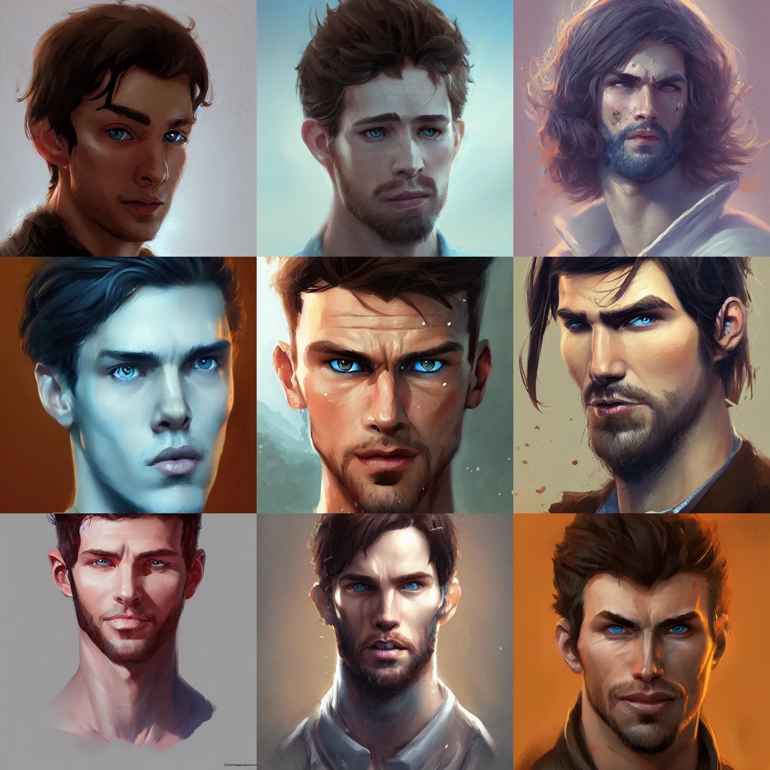 Prompt: head and shoulders, man with blue eyes, brown hair, sharp features, awkward, but handsome by greg rutkowski and anna podedworna, artstation, d & d