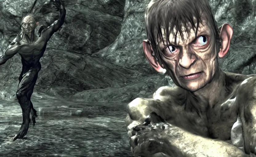 Image similar to a screenshot of gollum in metal gear solid 3,