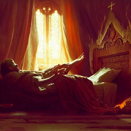 Image similar to the catholic pope in his bed, scared, because a horned shadow demon is approaching him. highly detailed painting by gaston bussiere, greg rutkowski, craig mullins 8 k