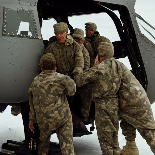 Image similar to closeup 3 5 mm film uhd 8 k photograph of middle aged caucasian men in camo unloading cargo from a black military 1 9 8 2 helicopter at a top secret military base in antarctica