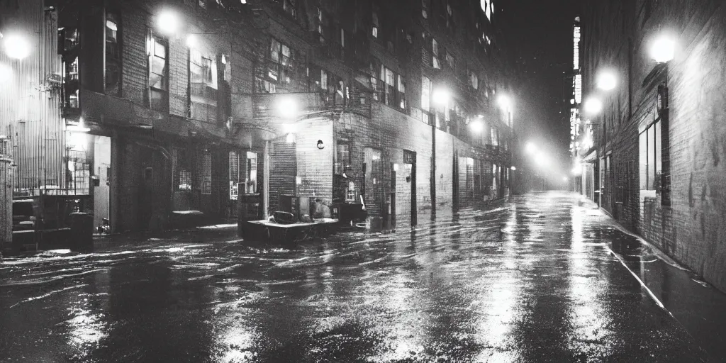 Image similar to New York city cityscape alleyway helios 44-2 grain film noise rain smoke night haze mist