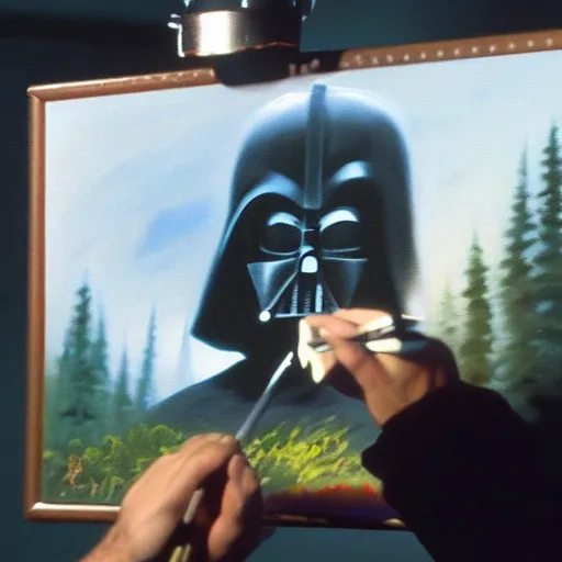 Image similar to a closeup photorealistic photograph of bob ross working on a canvas painting of darth vader. film still. brightly lit scene. mountains and trees. this 4 k hd image is trending on artstation, featured on behance, well - rendered, extra crisp, features intricate detail, epic composition and the style of unreal engine.