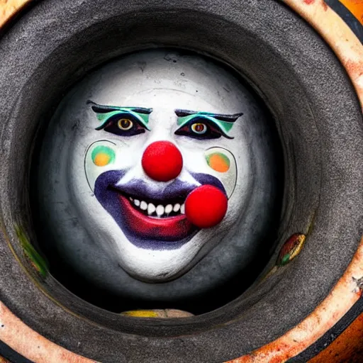 Image similar to clown peeking head out of tank barrel