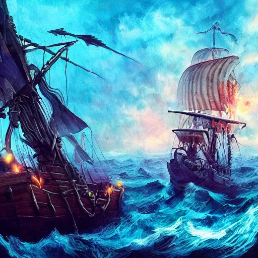 Image similar to undead pirates sailing the flying dutchman, beautiful composition, wide angle, colorful, cinematic, volumetric lighting, intricate details painting