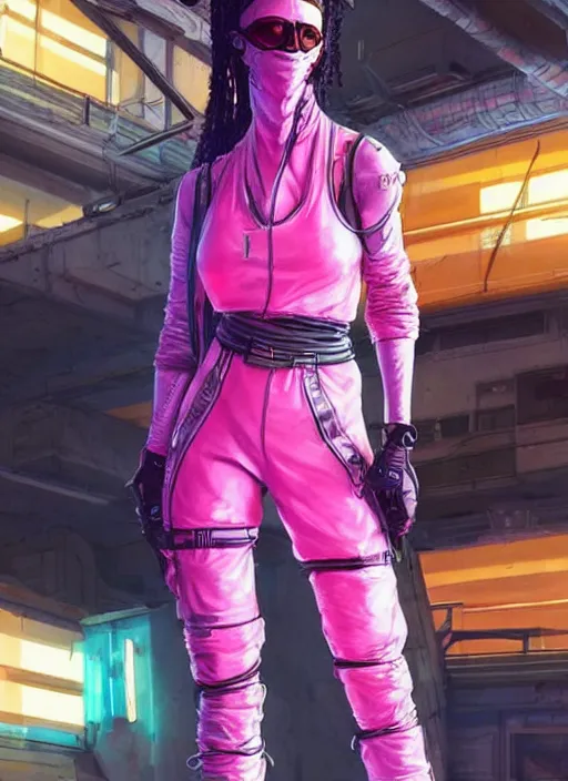 Prompt: apex legends cyberpunk athlete in pink jumpsuit. concept art by james gurney and mœbius. cinematic, hyper realism, realistic proportions, dramatic lighting, high detail 4 k