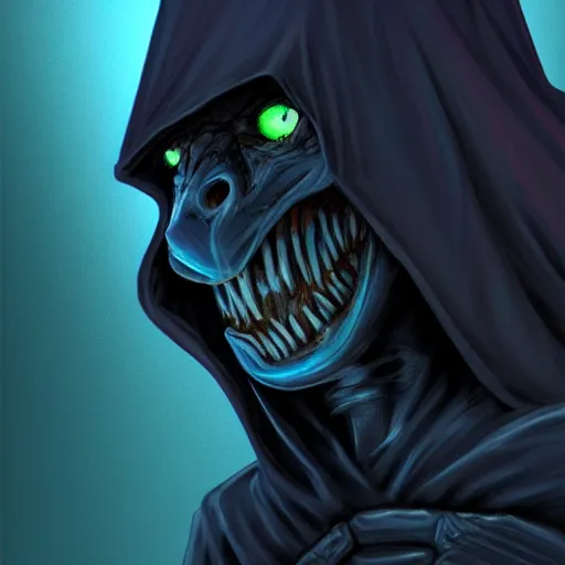 Image similar to award - winning. trending on artstation. 4 k. eerie tone. a shadowy figure wearing a hooded cape made of the night sky with infinite dark blue glowing eyes on its face and an open chest revealing rows of teeth. full - body. portrait.