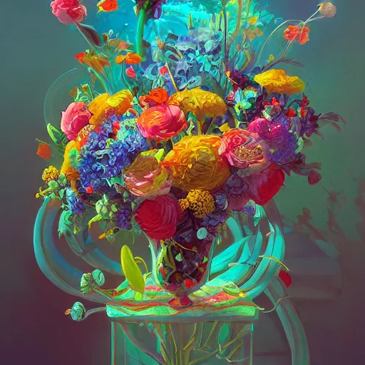 Image similar to a bouquet of colorful flowers, flowers with very long petals,afternoon sunlight, hard light and long shadows, neon glowing, vivid, detailed painting, by James Jean and Ross Tran, masterpiece, award winning painting