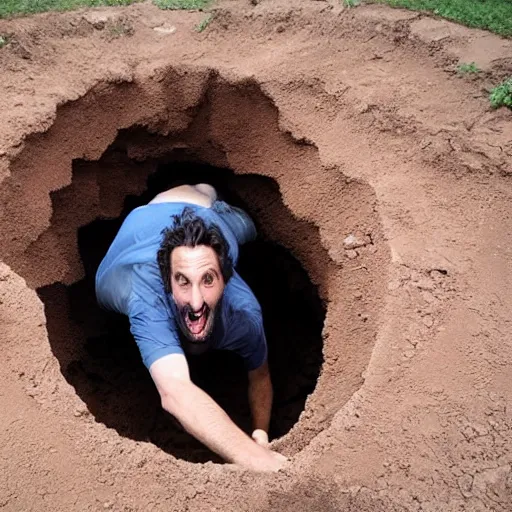 Prompt: photograph of clay travis tripping into a giant hole in the ground