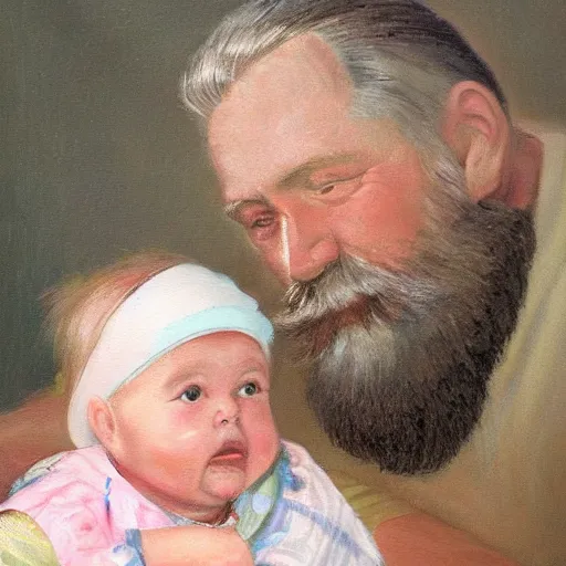 Prompt: painting of beard grandpa taking a photo to a baby girl, laszlo moholy