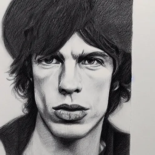 Image similar to rough sketch charcoal portrait of young mick jagger, angled with thick grainy straight strokes around, trending on instagram