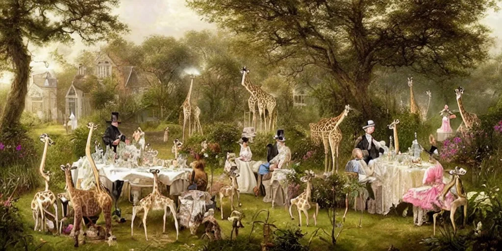 Image similar to elegant victorian tea party with giraffes in an english summer garden patio, hyper realistic greg rutkowski - h 7 6 8