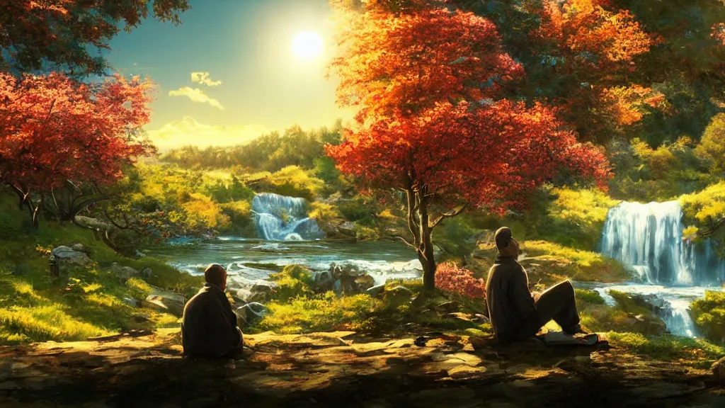 Image similar to featured on artstation walter white sitting under a cherry tree overlooking valley waterfall sunset beautiful image stylized digital art