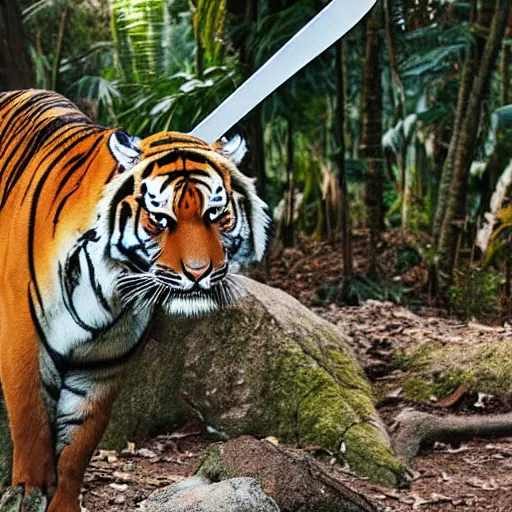Image similar to photo of tiger wearing a bandana and holding a sword in jungle