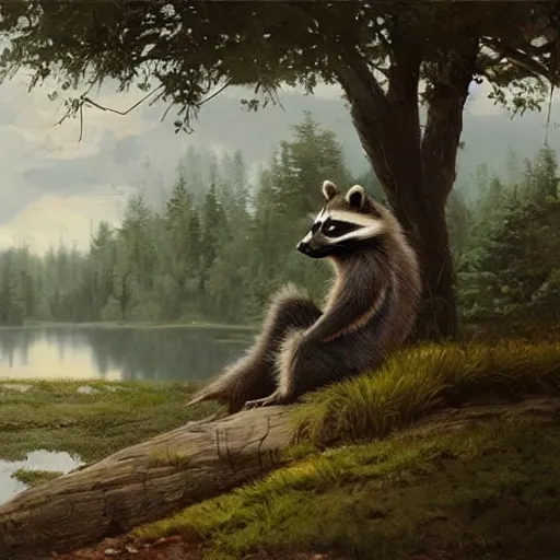 Image similar to A raccoon, wearing a robe, sad expression, sitting at a pond, mountainous area, trees in the background, oil painting, by Greg Rutkowski