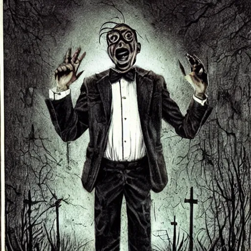 Prompt: Steve Urkel wearing a bowtie and suspenders scared in a graveyard, haunted, creepy, spooky, horror, ink, illustration, Stephen Gammell