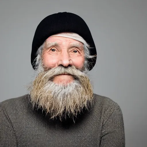 Image similar to portrait of a friendly old man, with a beard and a beanie
