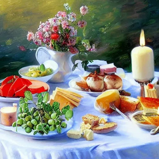 Image similar to a table full of traditional Swedish food, candles, cheese, schnapps, painting by Vladimir Volegov