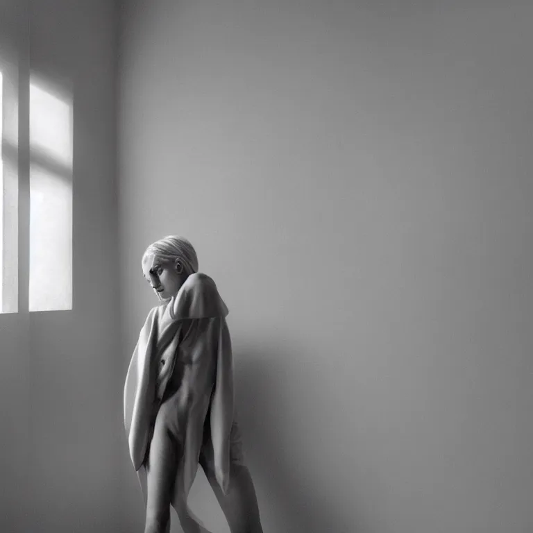 Image similar to cute annie leonhart in a white room, beautiful face, pale skin, rule of thirds, cinematic lighting, rainy weather, melancholy atmosphere, sharp focus, backlit, stunning, model agency, smooth, hard focus, full body shot, instagram photo, shot on iphone 1 3 pro max, hyper realistic,