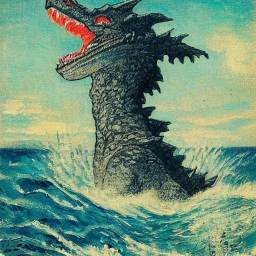 Image similar to a post-Impressionist illustration of Godzilla rising from the sea by Henri Rivière