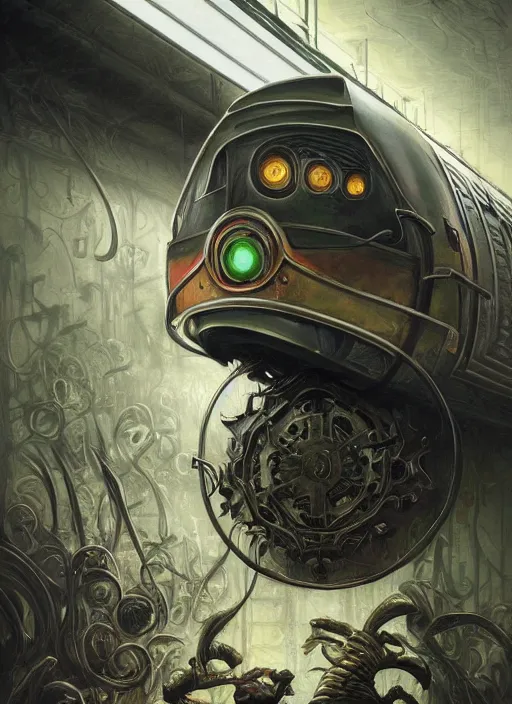 Image similar to subway train mf doom reptile eyes, metal subway train skin. intricate, elegant, highly detailed, centered, digital painting, artstation, concept art, smooth, sharp focus, illustration, artgerm, tomasz alen kopera, peter mohrbacher, donato giancola, joseph christian leyendecker, wlop, frank frazetta