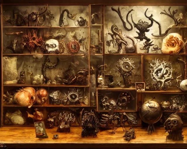 Image similar to a display case filled with lots of different items, a still life by seb mckinnon, artstation, neoplasticism, lovecraftian, artstation hq, award winning photography 4 k 8 k 1 6 k