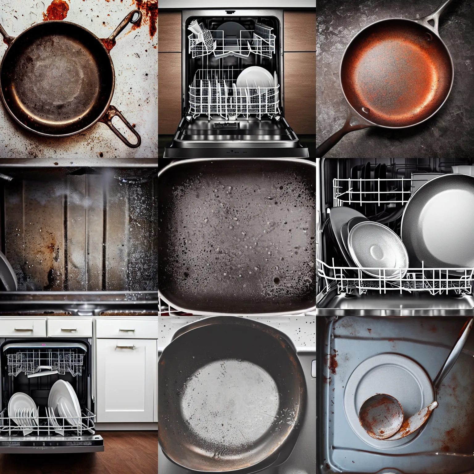 Prompt: Picture of a dishwasher filled with a single very rusty frying pan, professional photography, award winning