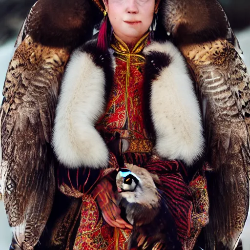 Image similar to symmetry!! portrait photograph of an extremely beautiful!!!! young blonde female with symmetric face. with a very detailed barn owl!!!!! on her shoulder. wearing mongolian traditional outfit in iceland. petzval lens. shallow depth of field. polaroid featured on flickr, art photography,