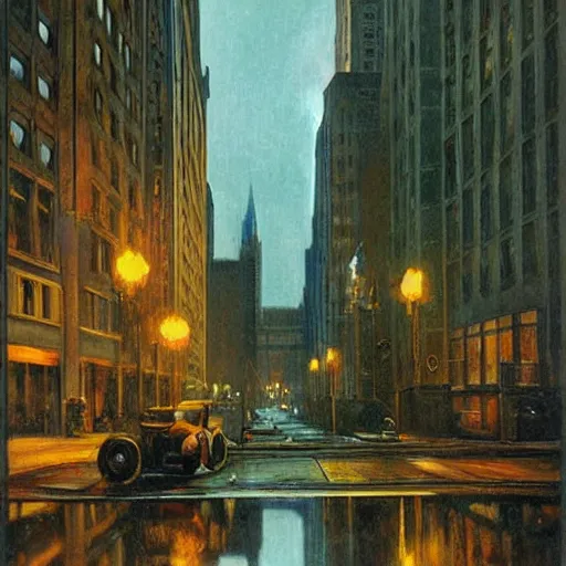 Prompt: muted color ultra realistic painting mirror dimesnions 1 9 2 5 boston downtown at night, dark, brooding, night, atmospheric, horror, cosmic, ultra - realistic, smooth, highly detailed in the style of clyde caldwell