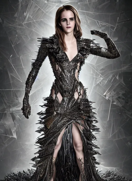 Image similar to expressive full body photo of emma watson, dress made of steel blades, glamour shot, by karol bak, stefan gesell, photorealistic, nikon d 4 x, fashion photography, hyper maximalist, elegant, ornate, luxury, elite, environmental portrait, symmetrical features, octane render, unreal engine, solid dark grey background, dramatic lights