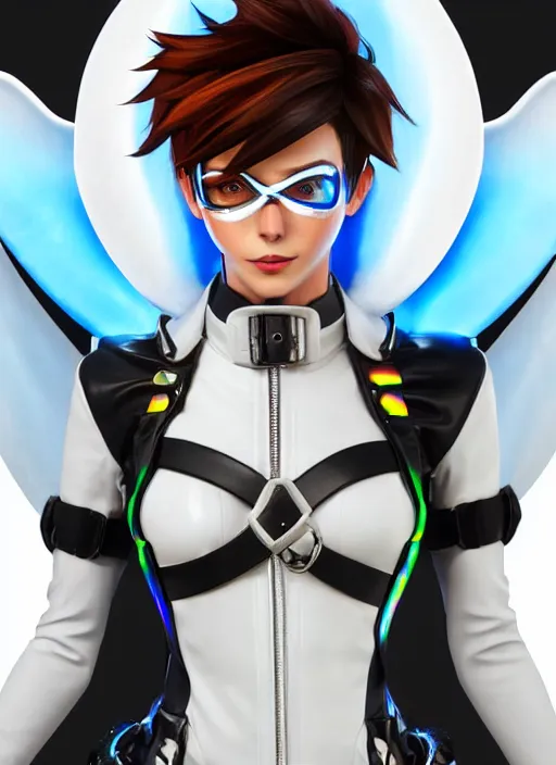 Image similar to portrait bust digital artwork of tracer overwatch, wearing white iridescent rainbow latex and leather straps catsuit outfit, 4 k, expressive happy smug expression, makeup, in style of mark arian, angel wings, wearing detailed black leather collar, chains, black leather harness, detailed face and eyes,