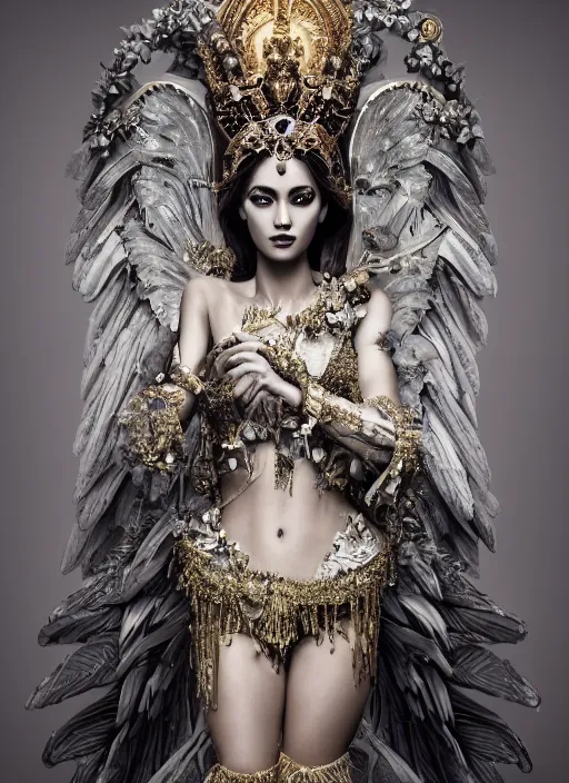 Image similar to full body environmental portrait photo of a goddess as angel, ornate headpiece made from flowers, ornaments, glamour shot by gemmy woud - binnendijk, chris knight, photorealistic, canon r 3, fashion photography, ornate, elegant, luxury and elite, symmetrical features, octane render, unreal engine, solid dark grey background, dramatic lights