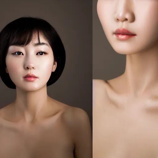 Image similar to photograph portrait bald korean japanese goddess of beauty neutral expression face straight on headshot even lighting no hair