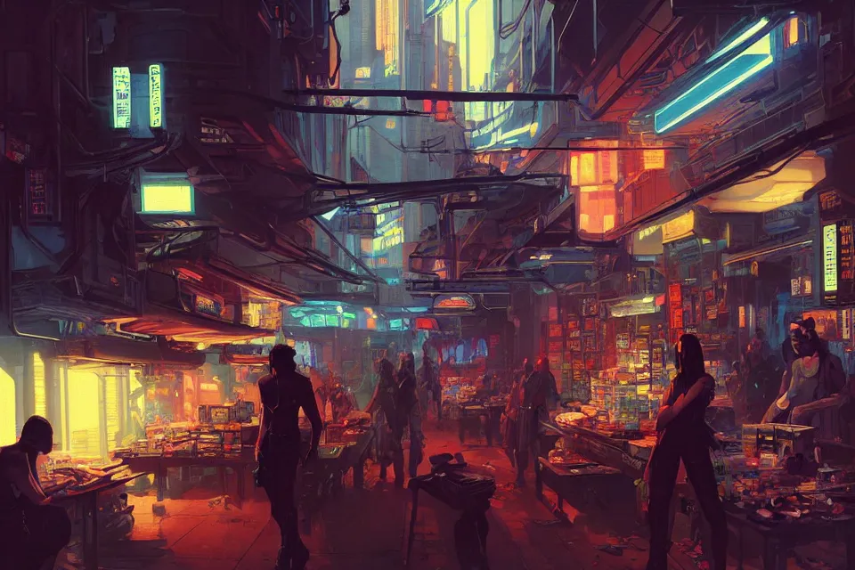 Prompt: masterpiece concept art, a beautiful highly detailed sci - fi cyberpunk art bazaar, miscellaneous art shoppe stall, artist of 2 2 nd century, interior of cyberpunk bazaar, cinematic moody colors, realistic shaded lighting poster by ilya kuvshinov, magali villeneuve, artgerm, jeremy lipkin and michael garmash and rob rey,