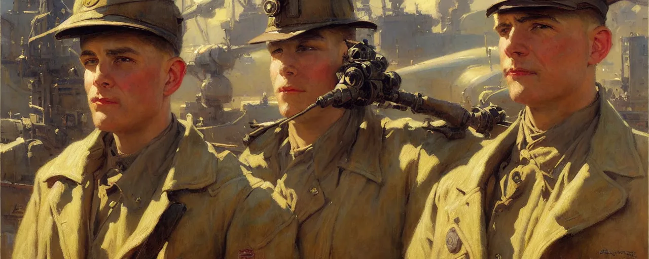 Image similar to portrait of a us soldier in shipyard dieselpunk, painting by gaston bussiere, craig mullins, j. c. leyendecker