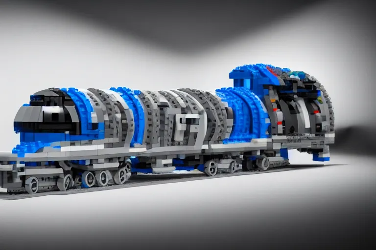 Prompt: futuristic train made out of Lego, octane render, white, grey and blue, studio light, 35mm,